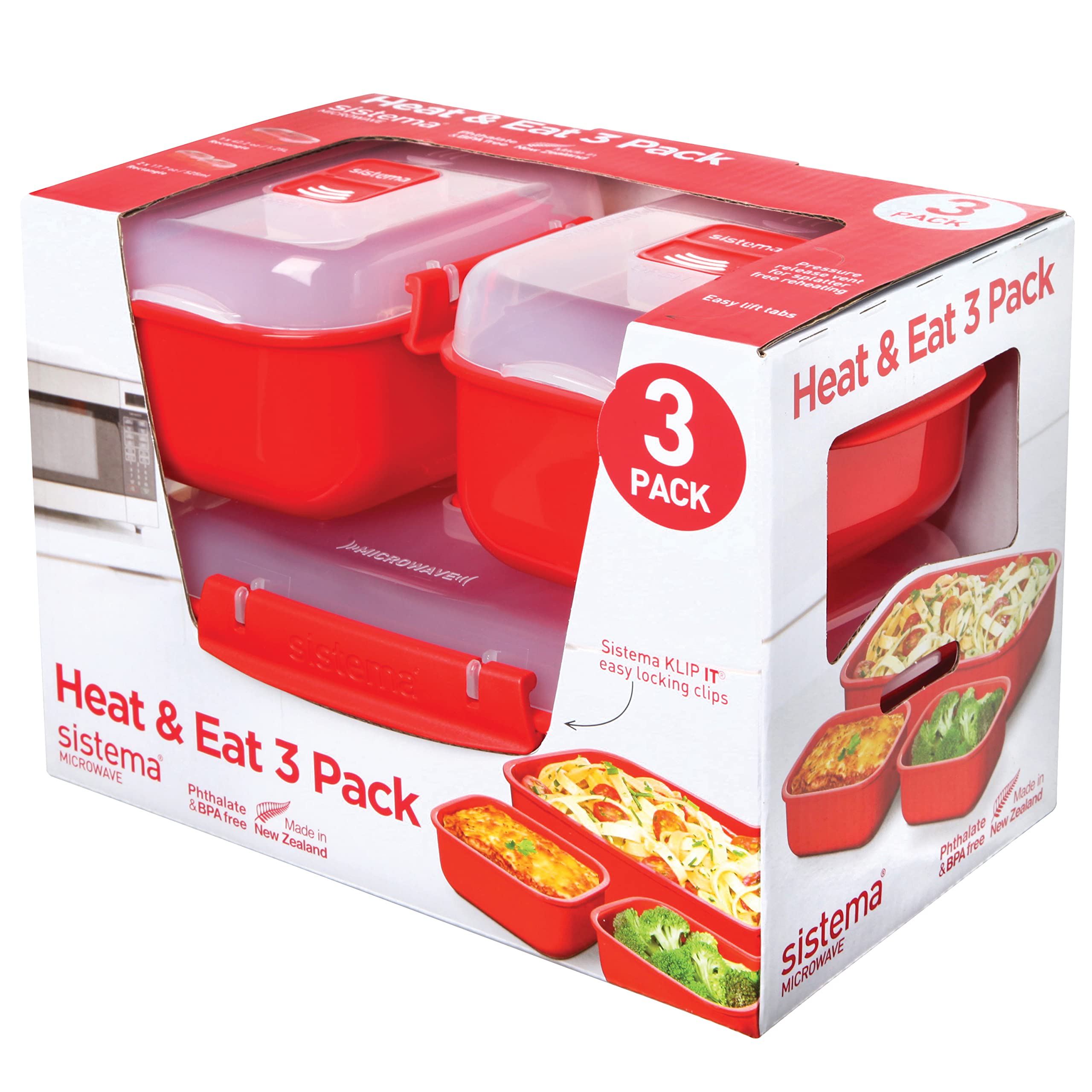 Sistema Heat and Eat Microwave Container Set | 1.25 L, 525 ml | Microwave School Lunch Boxes with Steam Release Vents | BPA-Free | Red | 3 Count