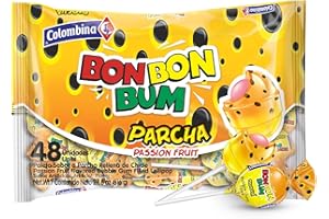 Colombina Bon Bon Bum Lollipops w/Bubble Gum Center - Individually Wrapped, Exotic Maracuya Suckers, Gluten-Free - Ideal for Party Favors, 28.8 oz bag, (48 count)