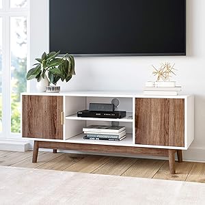 Nathan James 74403 Wesley Scandinavian TV Stand Media Console with Wooden Frame and Cabinet Doors, White/Rustic Oak