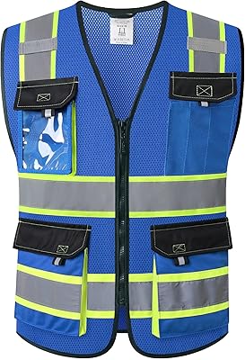 JKSafety Hi Vis Reflective Safety Vests for Men Women High Visibility Vest with Pockets Mesh Fabric Construction Safety Apparel Neon Vest for Work (220-Blue S)