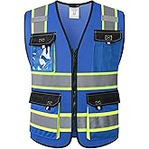 JKSafety Hi Vis Reflective Safety Vests for Men Women High Visibility Vest with Pockets Mesh Fabric Construction Safety Apparel Neon Vest for Work (220-Blue S)