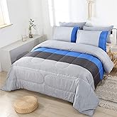 PERFEMET Patchwork Striped Comforter Set 3 Pieces Queen Bedding Set All Seasons Farmhouse Soft Microfiber Bed in a Bag with Pillow Shams for Men Teen Boys Grey and Blue