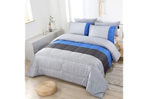 PERFEMET Blue Striped Comforter Set Queen Size, 3Pcs Blue and Grey Patchwork Comforter Bedding Set, Soft Lightweight Down Alternative Bed Quilt Set for Teens Boys Girls Men Women (Blue, Queen)