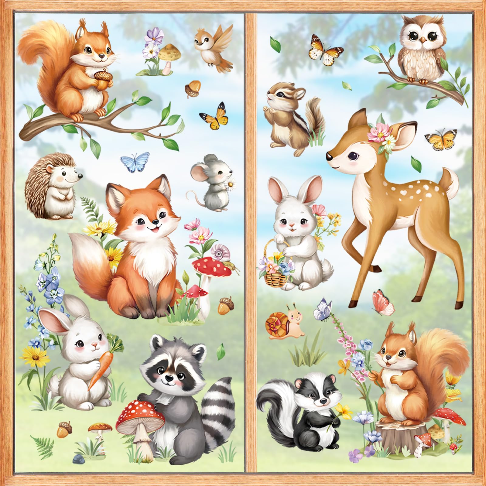 decalmile Woodland Animals Double Sided Window Clings Forest Animal Window Decals Deer Fox Squirrel Raccoon Glass Window Doors Window Stickers