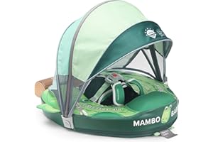 ANJEEIOT Mambobaby Float Non Inflatable Baby Float with Canopy Upgarded Add Tail Baby Swim Float with UPF 50+ Sun Canopy, Safety Swim Tranier Solid Toddler Pool Float for Age 3-24 Months, Crocodile Green