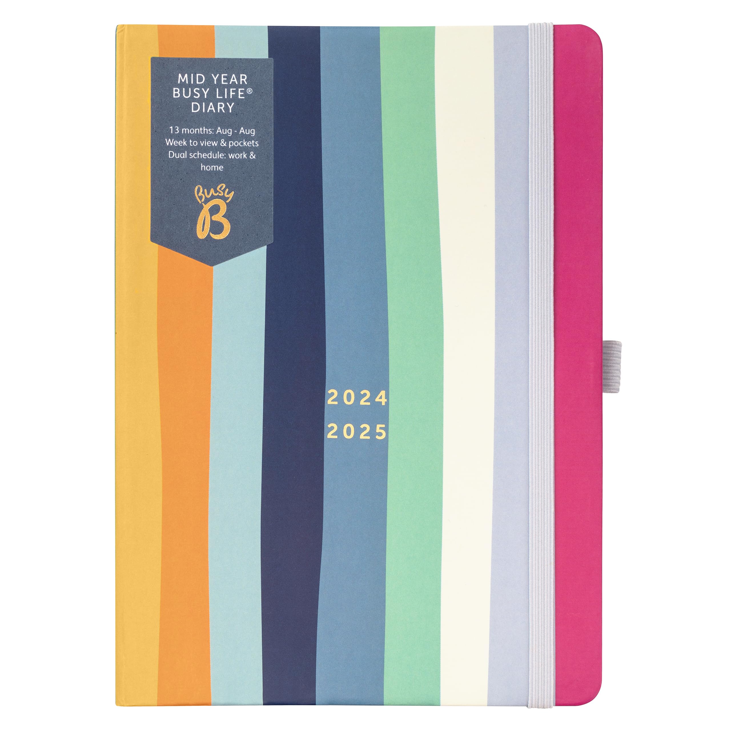 Busy B Mid Year Busy Life Diary August 2024 - August 2025. Stripe Academic Diary 2024-2025 Bag Size Week to view Planner with Pen Holder, Elastic Closure and Storage Pockets — image 1
