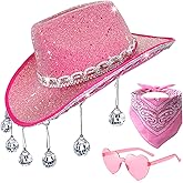 JIANGLAI Disco Sequin Cowgirl Hat with Heart Sunglasses and Bandana, Glitter Disco Ball Cowboy Hat for Women Men Costume