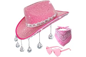 JIANGLAI Disco Sequin Cowgirl Hat with Heart Sunglasses and Bandana, Glitter Disco Ball Cowboy Hat for Women Men Costume