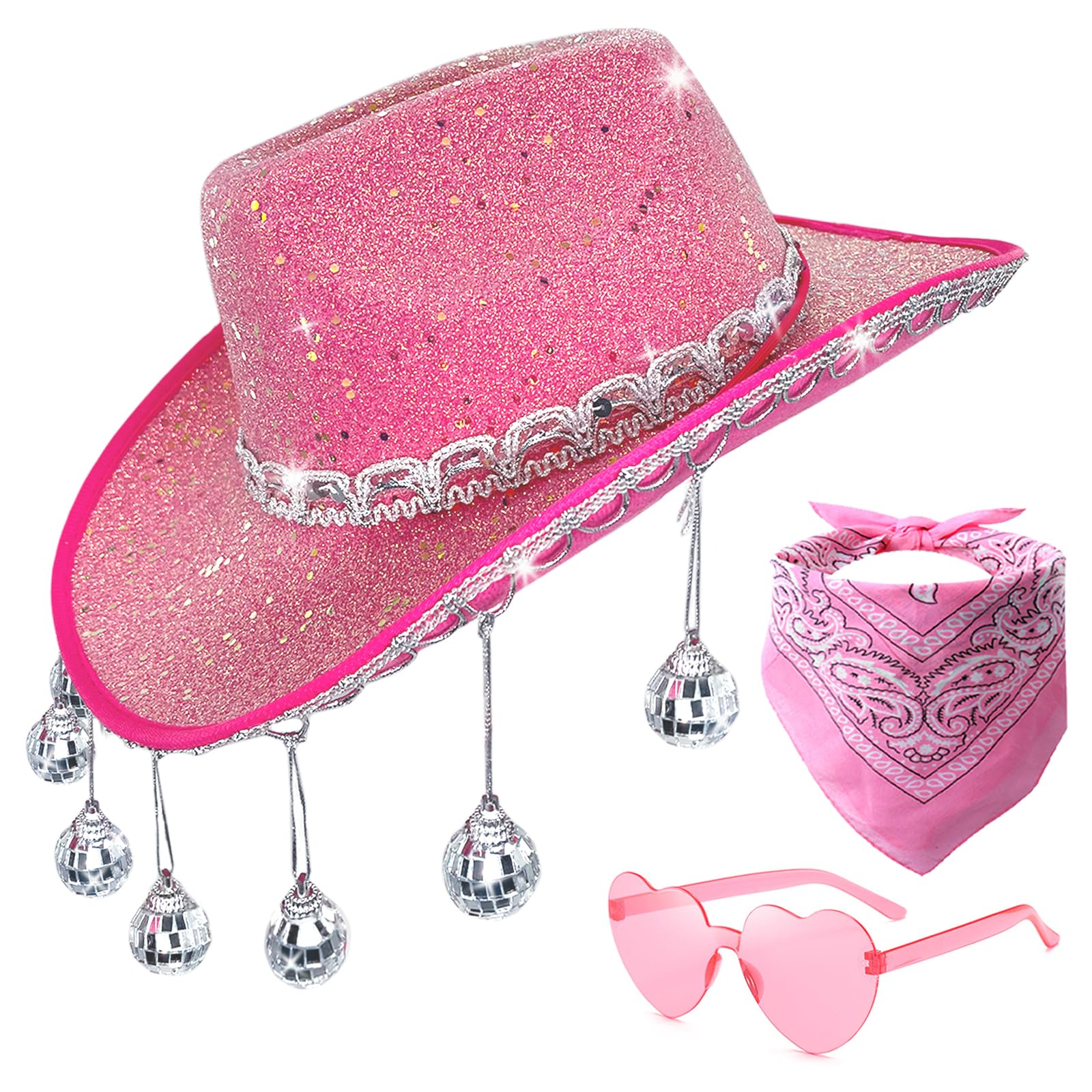Photo 1 of **MINOR DAMAGE - USED**
JIANGLAI Disco Sequin Cowgirl Hat with Heart Sunglasses and Bandana, Glitter Rhinestone Disco Ball Cowboy Hat for Women Men Costume (Pink)