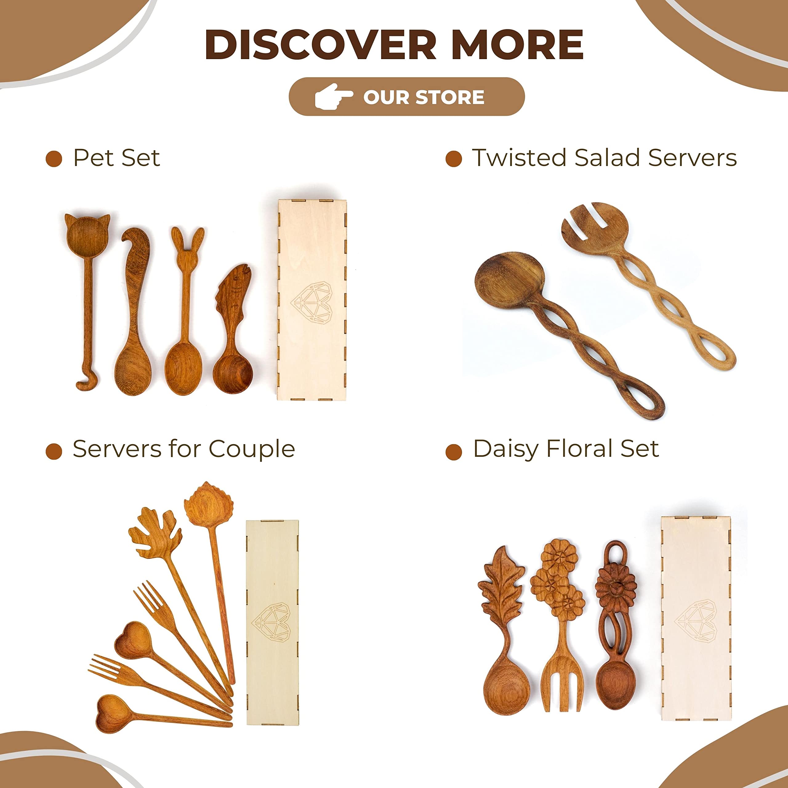 JABIHOME 4 Wooden Spoons and Forks Set, Christmas Hostess Gifts for Women, Couple Cooking Gifts for Women, Handmade Gifts, Nana Gifts