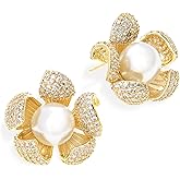 Sonateomber Pearl CZ Snowflake Knot Stud Earrings for Women, Statement Cluster Rhinestone Cubic Zirconia Pearls Sunshine Hypoallergenic Studs Prom Wedding Holiday Fashion Jewelry Gift