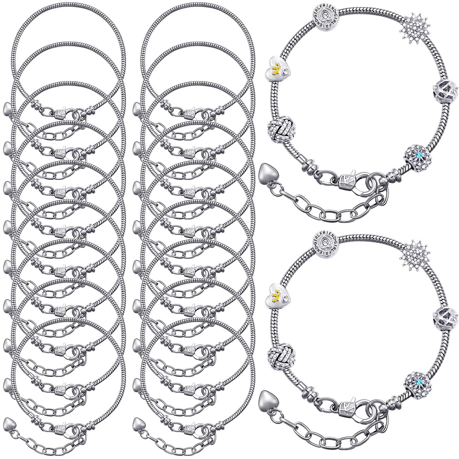 Hicarer 20 Pcs Chain Bracelet for Jewelry Making Women DIY Adjustable Snake Charm Bracelet with Heart Shape Extender Chain(Silver)