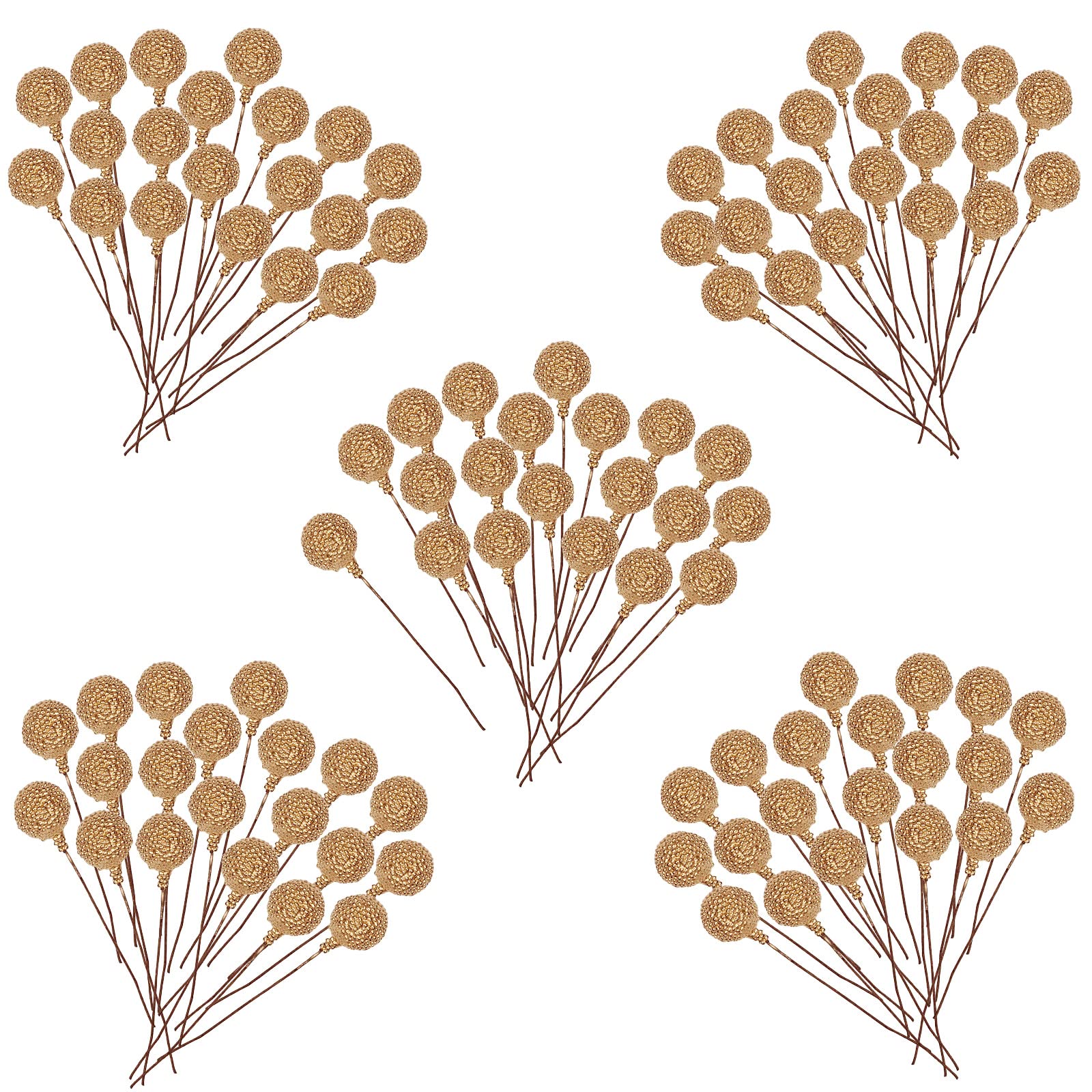 100 Pcs Artificial Frosted Gold Holly Berries for Christmas Wreath, Xmas Tree, Garland DIY Craft Party Decor - Wire Berry Stems for Decorations