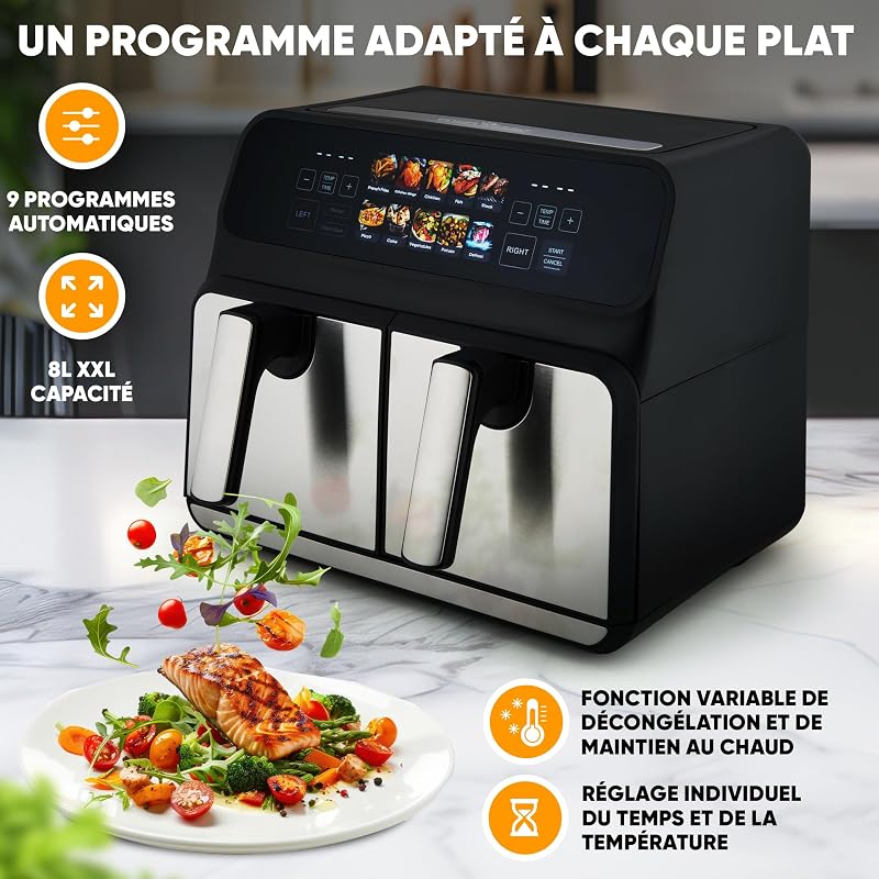 ProfiCook® Friteuse à air chaud | 2 compartiments | 8 litres (2x4 L) | Double compartiment | pas d'huile ni de graisse | Air Fryer | Écran couleur | Double friteuse à air chaud 2200W | PC FR 1287 H