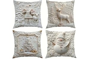 YIOCHOS Christmas Pillow Covers 18x18 inch Set of 4, 4PCS Vintage Xmas Themed Cushion Covers, Soft Comfortable Single Side Printing Decorative Cushions Cases for Home Sofa Living Room Bedroom