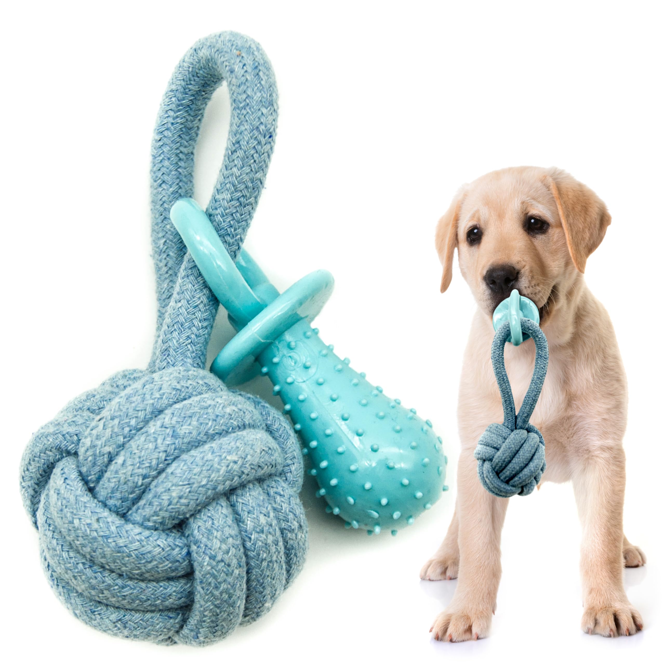Petopedia 2 in 1 – Braided Knot Balls for Dogs with Dummy – Puppy Chew Toys, Rope Toys, Washable Interactive Toys for Boredom, Training, Teething (Blue)