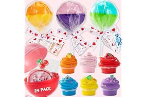 ALFEVA Valentines Day Gifts for Kids-24pcs valentines Lollipop-Shaped slime with Cards,Valentines Day Cards for Kids School classroom,slime kit for girls boys,valentine exchange party favors,goody bag filler