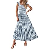 PRETTYGARDEN Womens Summer Dress Casual Square Neck Ruffle Strap Gingham Smocked Midi Flowy A Line Beach Vacation Sun Dresses