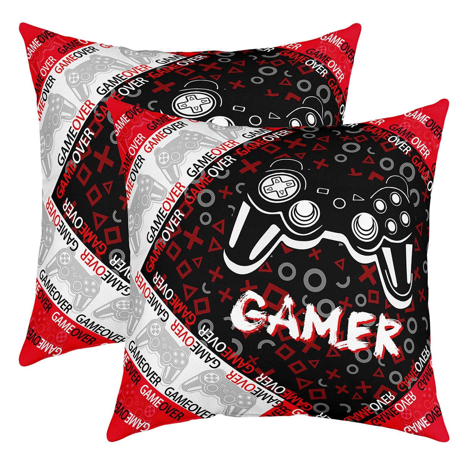 Set of 2 Gaming Throw Pillow Covers Geme Sports Cushion Case for Home Living Room Decor Reversible Modern Game Console Controller Red Black Pattern Decorative Throw Cushion Case 16x16 Inch