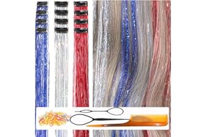 CelineBella Blue Silver Red Hair Tinsel Clip in for Girls Christmas New Year(24 Inch Pack of 12Pcs, Sapphire Blue+Silver+Red)