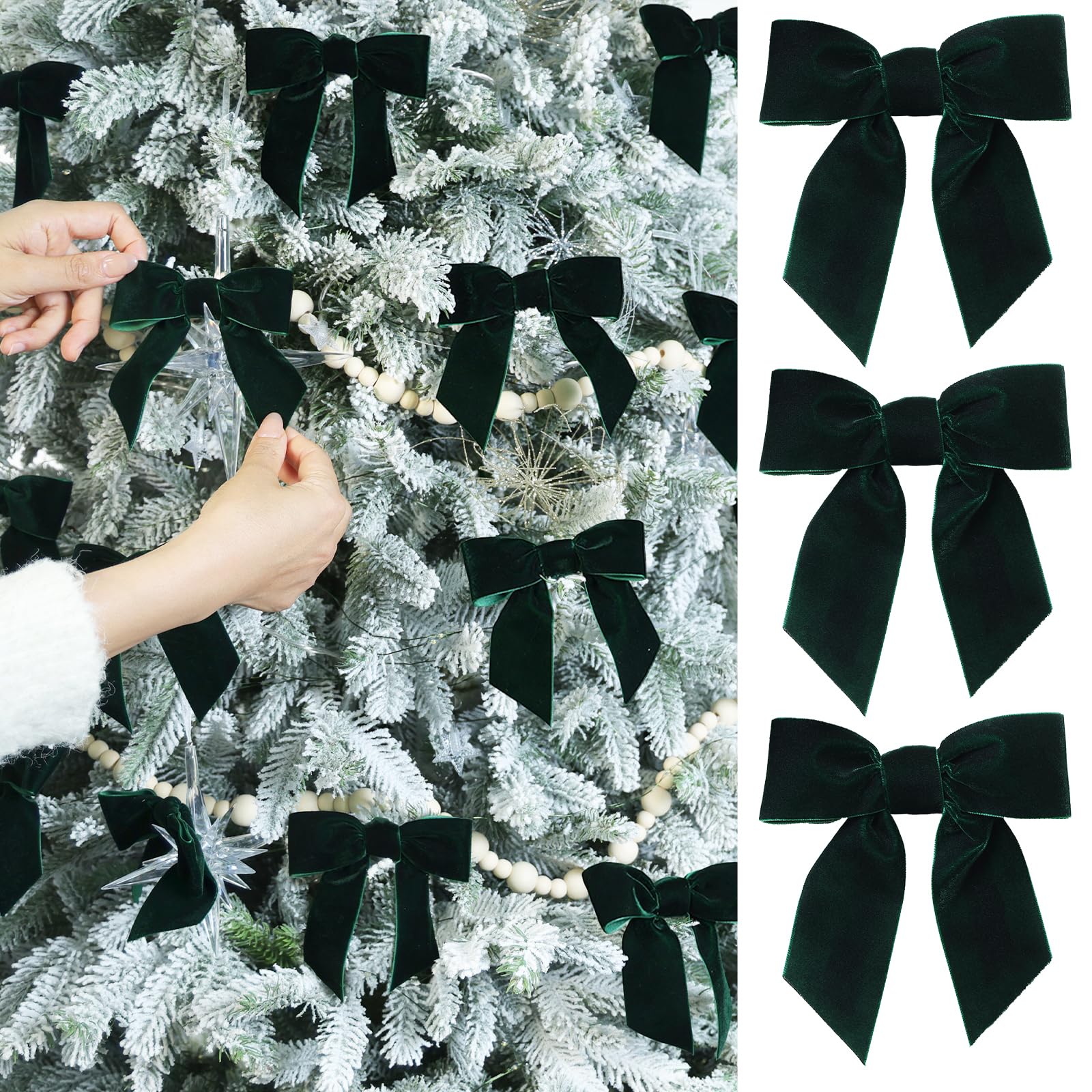 Photo 1 of 24 Pcs Deep Green Vintage Velvet Christmas Bows -Cozy 4.5 Inch Bows for Christmas Tree Ornaments, Wreath Accents, Gift Wrapping, Wine Bottles, Stair Railings, DIY Crafts & Xmas Home Decor