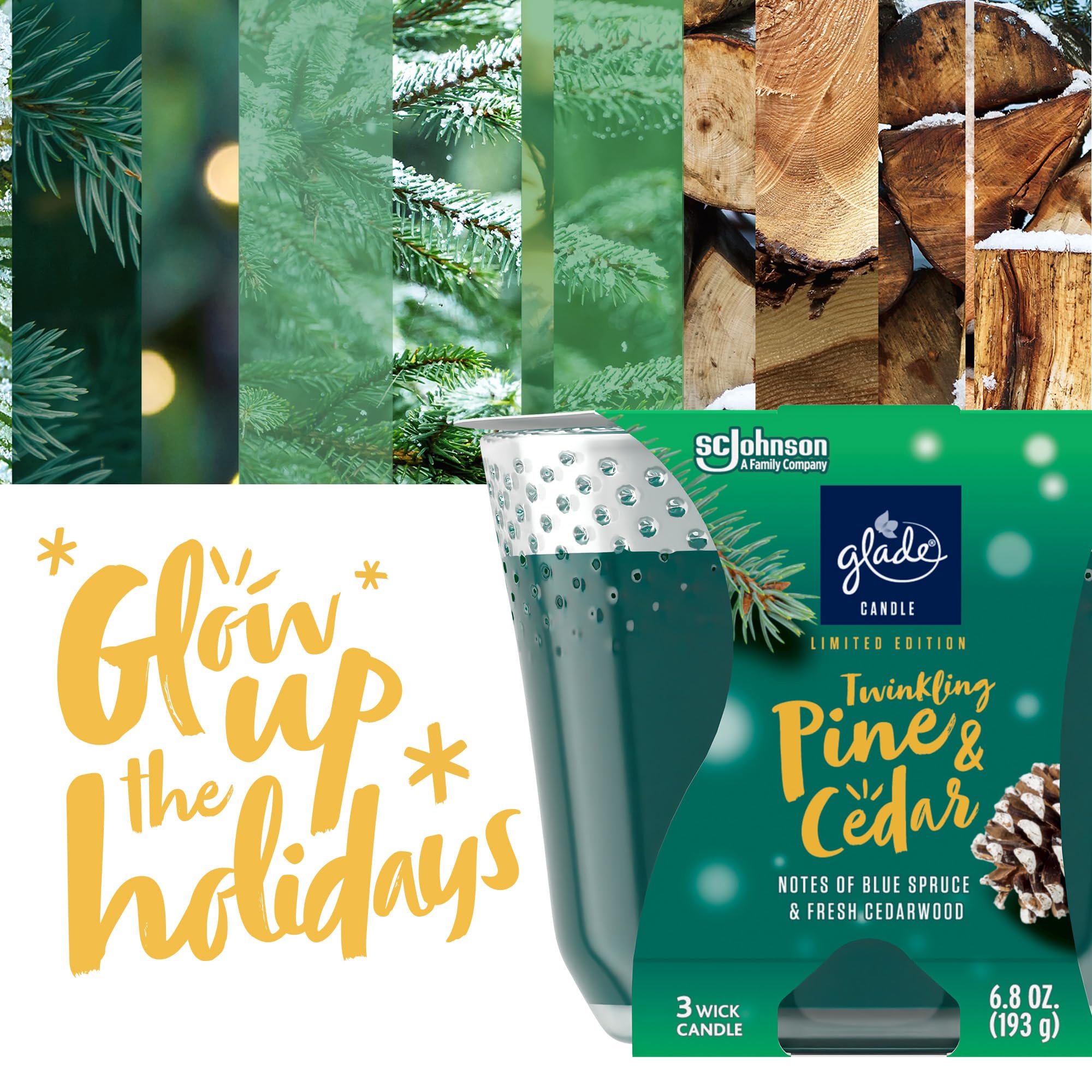Candle Twinkling Pine & Cedar, Fragrance Candle Infused with Essential Oils, Air Freshener Candle, Limited Edition Scent, 3-Wick Candle, 6.8 Oz, 3 Count