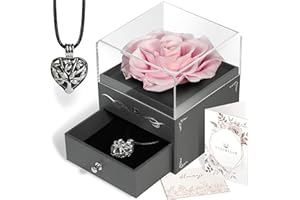 VISIBILIO Preserved Pink Rose Necklace for Her, Pink Forever Rose, I Love You Box, Everlasting Rose Gifts for Women, Flower Necklace Aromatherapy, Birthday Gifts for Mom, Mothers Day Flower