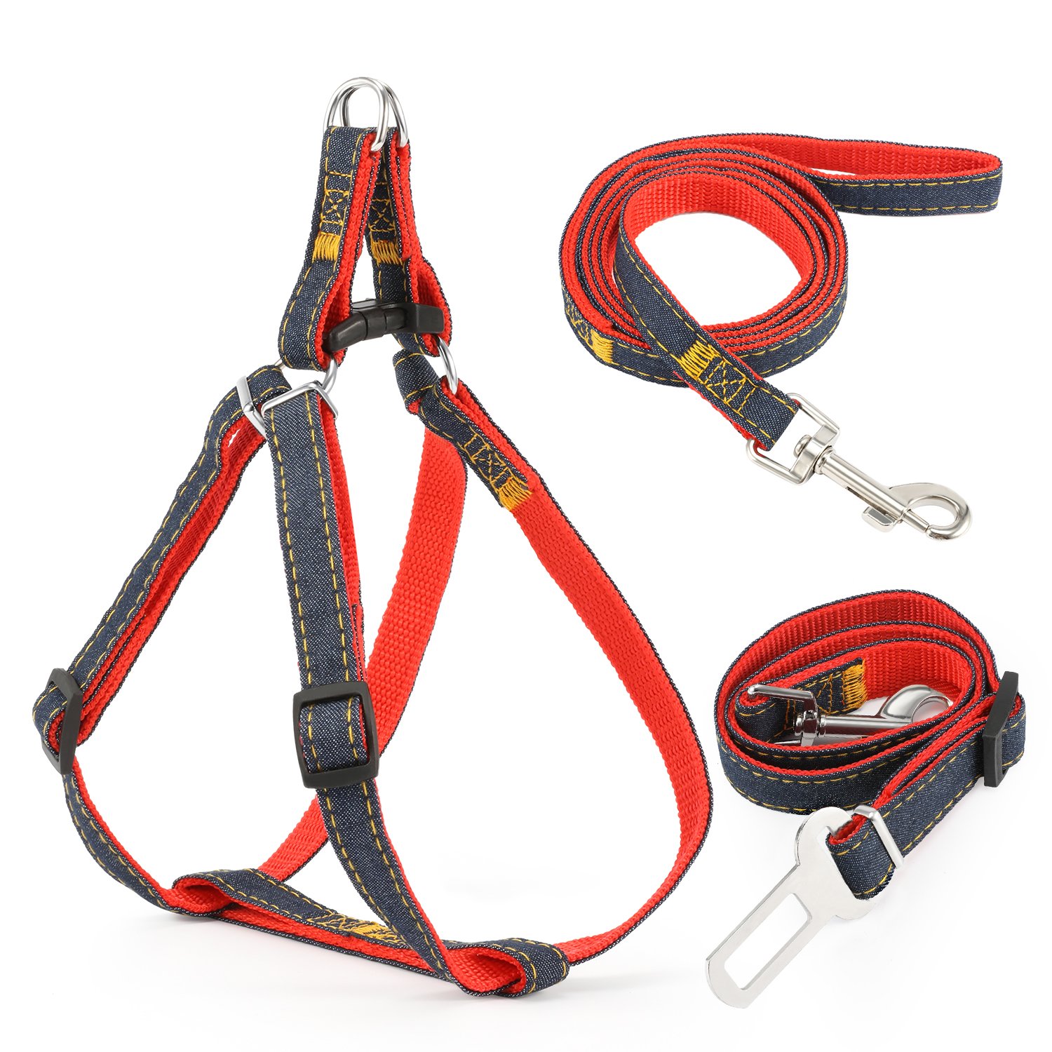 Dog Harness 2 Pcs, Magicfly Dog Leash Harness & Dog Car Seatbelt Harness Set Denim Dog Leash Collar for Small, Medium and Large Dog, Adjustable Dog Leash Harness with handle for Daily Training Walking