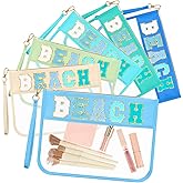 Kacctyen 6 Pcs Beach Bags Chenille Letter Clear Makeup Bag with Zipper Waterproof Cosmetic Toiletry Pouch with Handle Gym Travel Summer Gifts for Women (Teal, Beach)