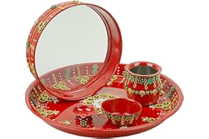 Aditri Creation Karwachauth Pooja Thali Puja Plate Decorative Steel Puja Thali with Kalash & Channi Essential Pooja Articles for Pooja Ritual Wedding Indian Traditional Festival Decor(Thali Size-11)