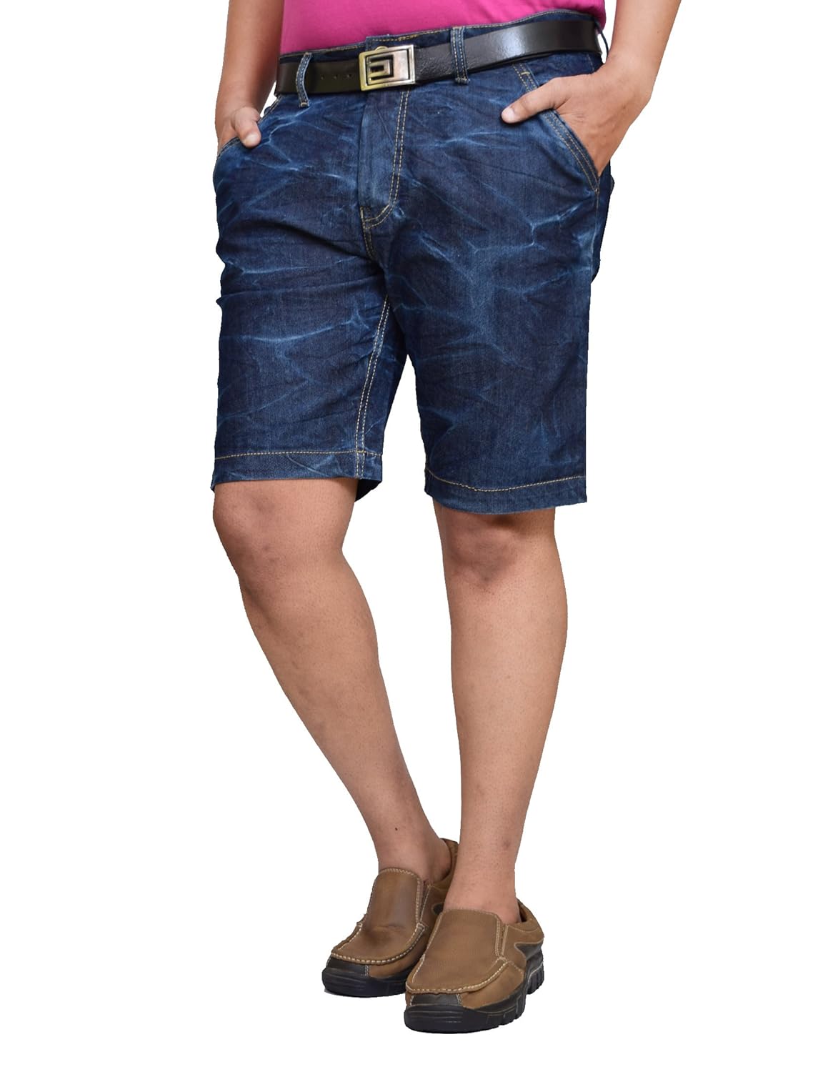 men in denim shorts