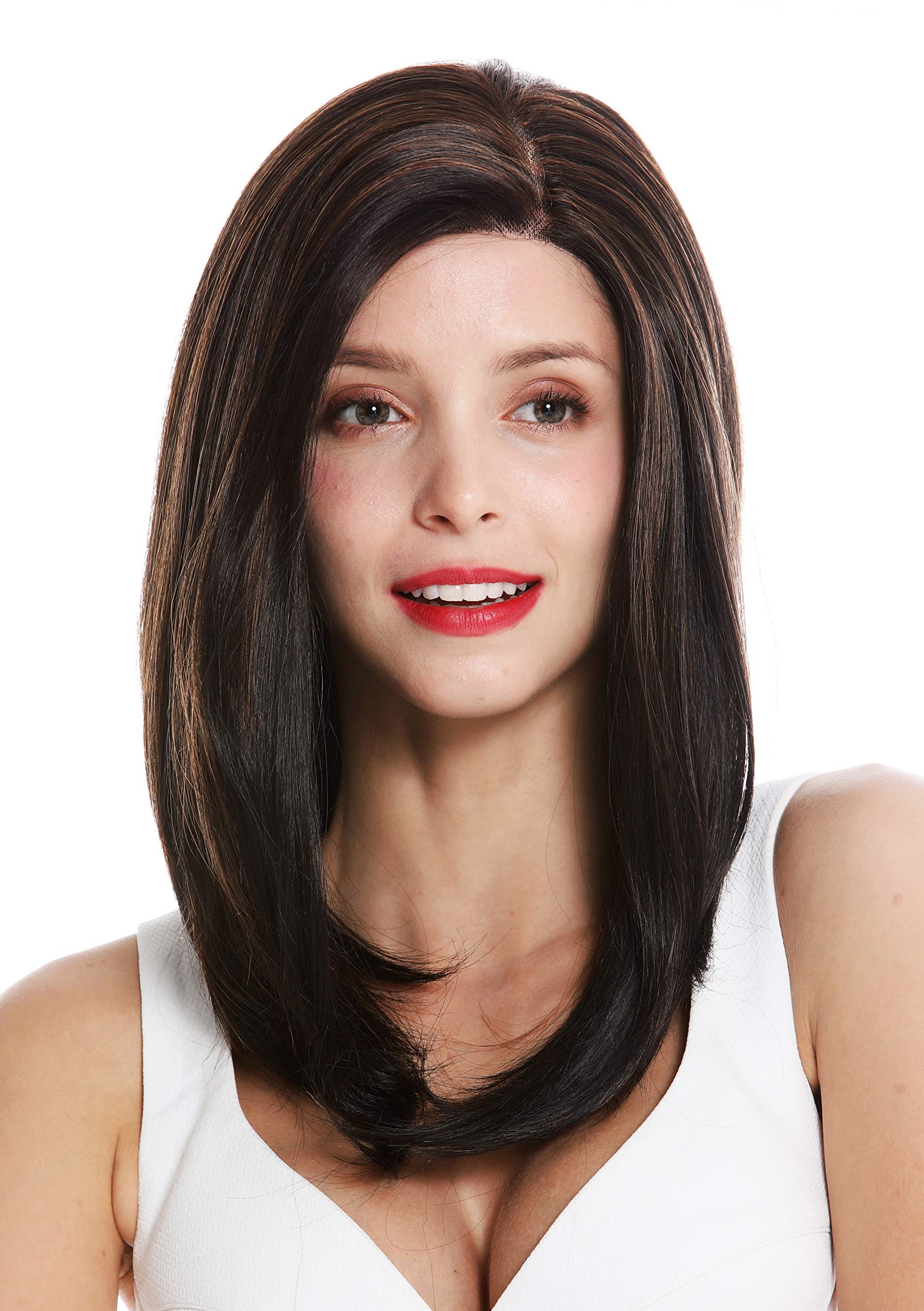 WIG ME UP - VK-19-MF-2H30 women's quality wig monofilament lace front side parting sleek blackish brown reddish brown highlights 18 inches.
