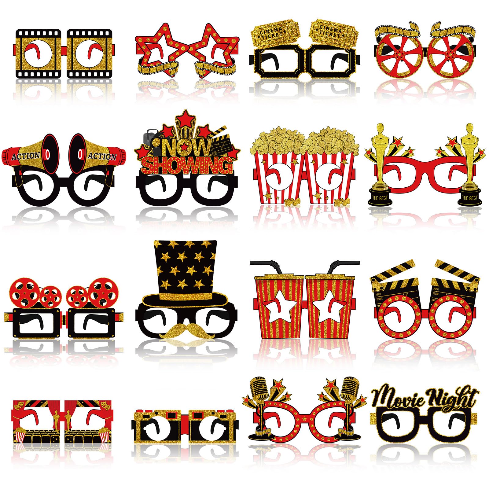 Photo 1 of Pajean 32 Pcs Movie Night Party Decorations Eyeglasses Movie Theater Black Red Gold Paper Glasses Frame Film Props Photo Booth for Theater Themed Carpet Birthday Party Favors Supplies