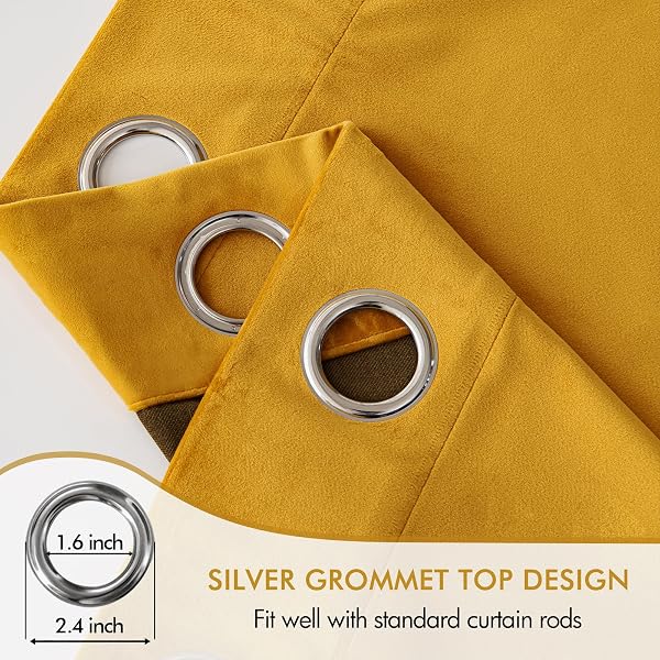 EMEMA VELVET BLACKOUT CURTAINS 96 INCHES LONG, SUPER SOFT LUXURY THERMAL INSULATED CURTAINS FOR BEDROOM, GROMMET SOUNDPROOF ELEGANT WINDOW DRAPES FOR LIVING ROOM W52 X L96 2 PANELS MUSTARD YELLOW