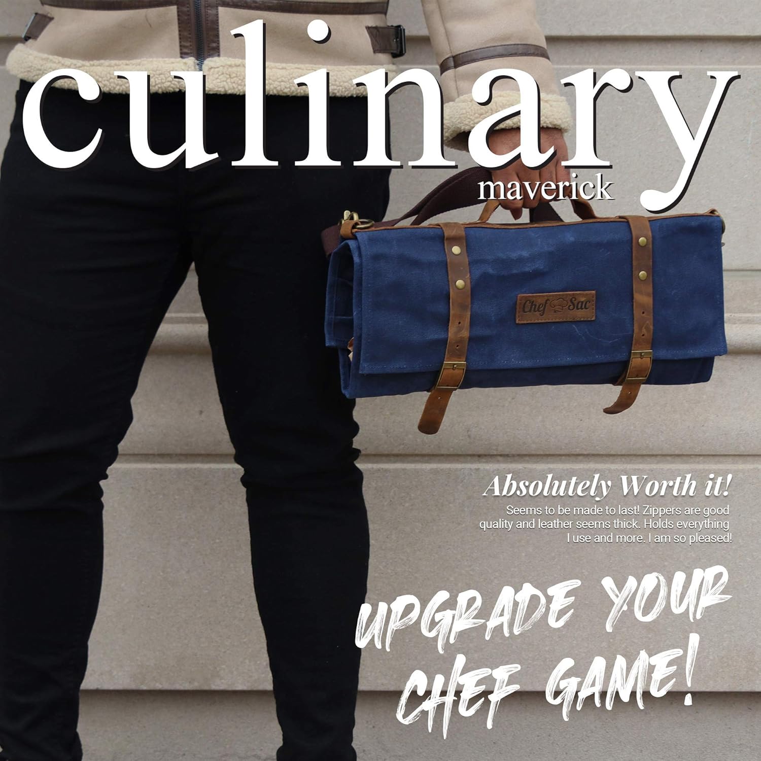 Chef Knife Bag Waxed Canvas Knife Roll Bag | 22 Pockets for Knives & Kitchen Tools | Special Slot for Cleaver | Waterproof Material | Knife Organizer | Knife Case for Chefs & Culinary Students (Blue): Kitchen & Dining