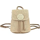 Felice Ann Women Mini Straw Woven Backpack Flap Drawstring Daypack Cross-body Bag Bucket Bag