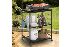 DAOUTIME Grill Cart for Outside, 3-Tier BBQ Food Prep Rolling Table Cart, with 23.62" Lx 15.75" W Stainless Steel Tabletop, Outdoor Pizza Oven Table Ideal for Patio Backyard Kitchen Tools Room