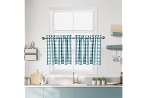BAPAWFISH Teal Dark Blue Buffalo Plaid Cafe Curtain Farmhouse Tiers Kitchen Curtains 24 Inches Long, Gingham Check Rod Pocket Half Window Short Drapes for Kitchens Bathroom, 28" x 24", Teal/White, Set of 2