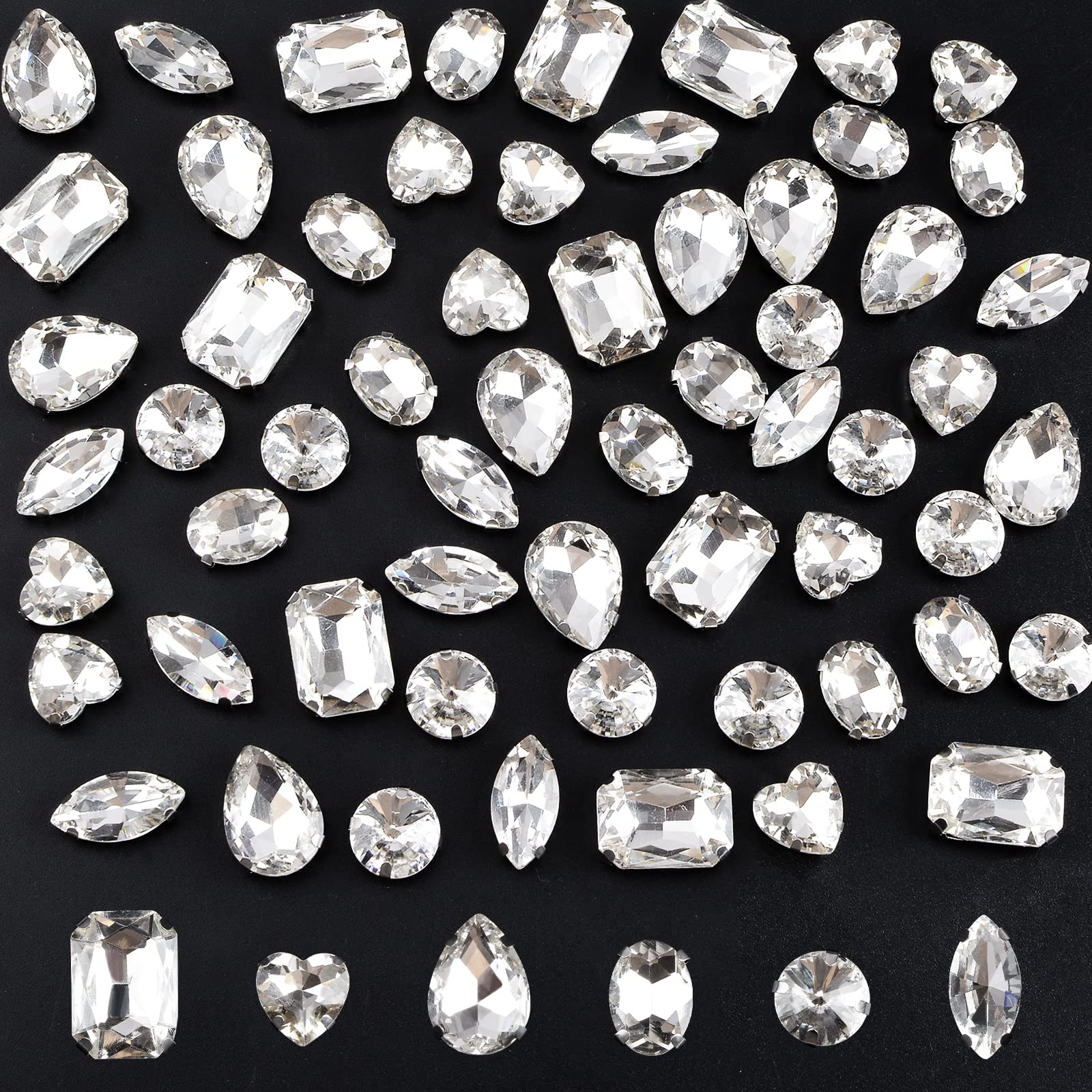 URROMA 60pcs 6 Styles Sew on Rhinestones with Claw, Acrylic Glass Sewing Bling Gems Flat white Sliver bottom Setting with 4 Holes for Craft, Clothes, Wedding Decorations