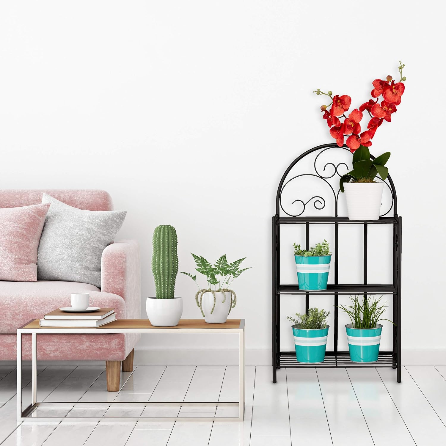 Relaxdays Plant Stand, Flower Rack with 3 Shelves, Foldable, H x W x D: 83 x 44.5 x 25 cm, Metal, Black, 1 item - Image 3