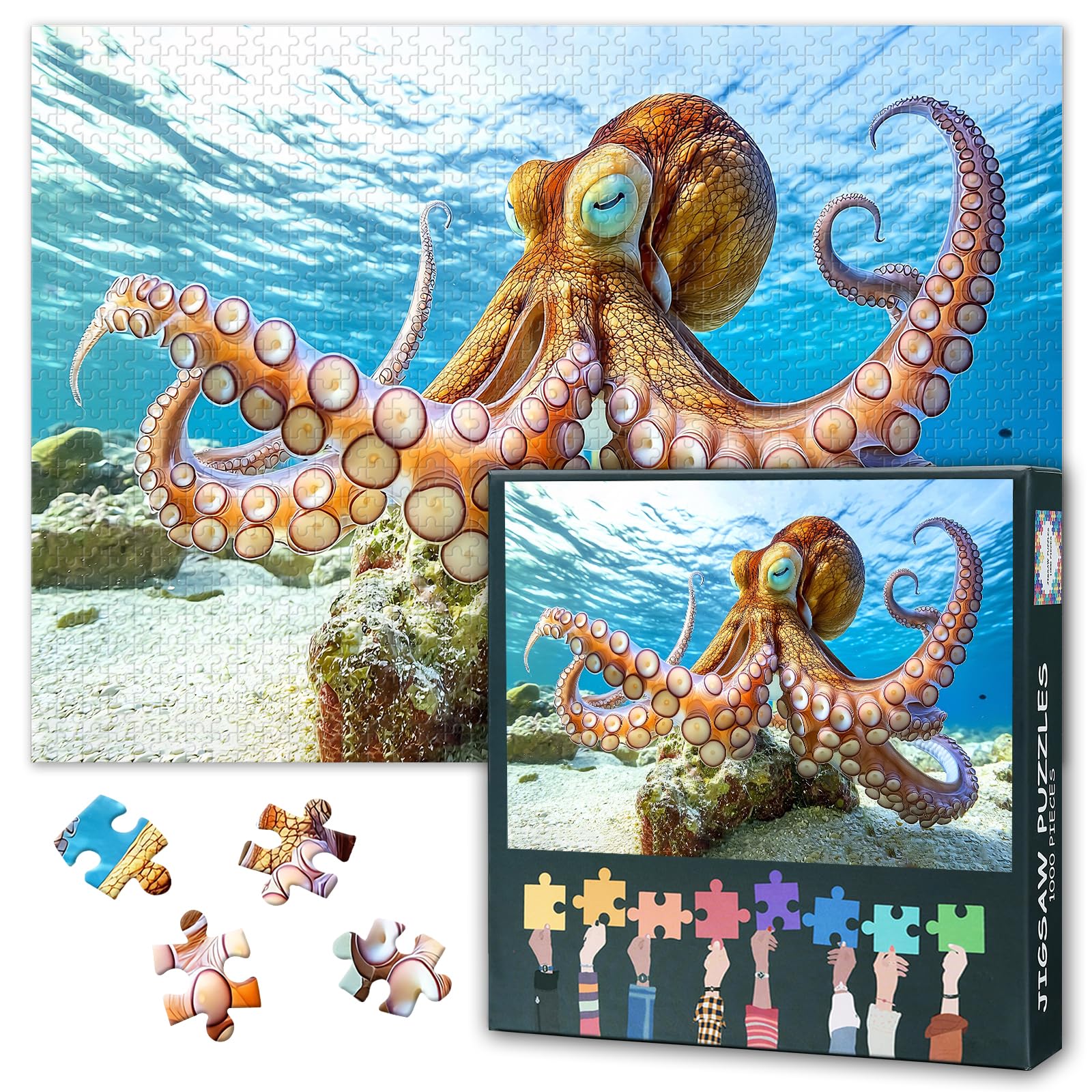 Giant Pacific Octopus Jigsaw Puzzle 1000 Pieces for Adults Animal Ocean Life Puzzle Intelligent Marine Creature Color Changing Skin Detailed Reef Scene Challenging Activity Gift 27.5x19.7 Inch