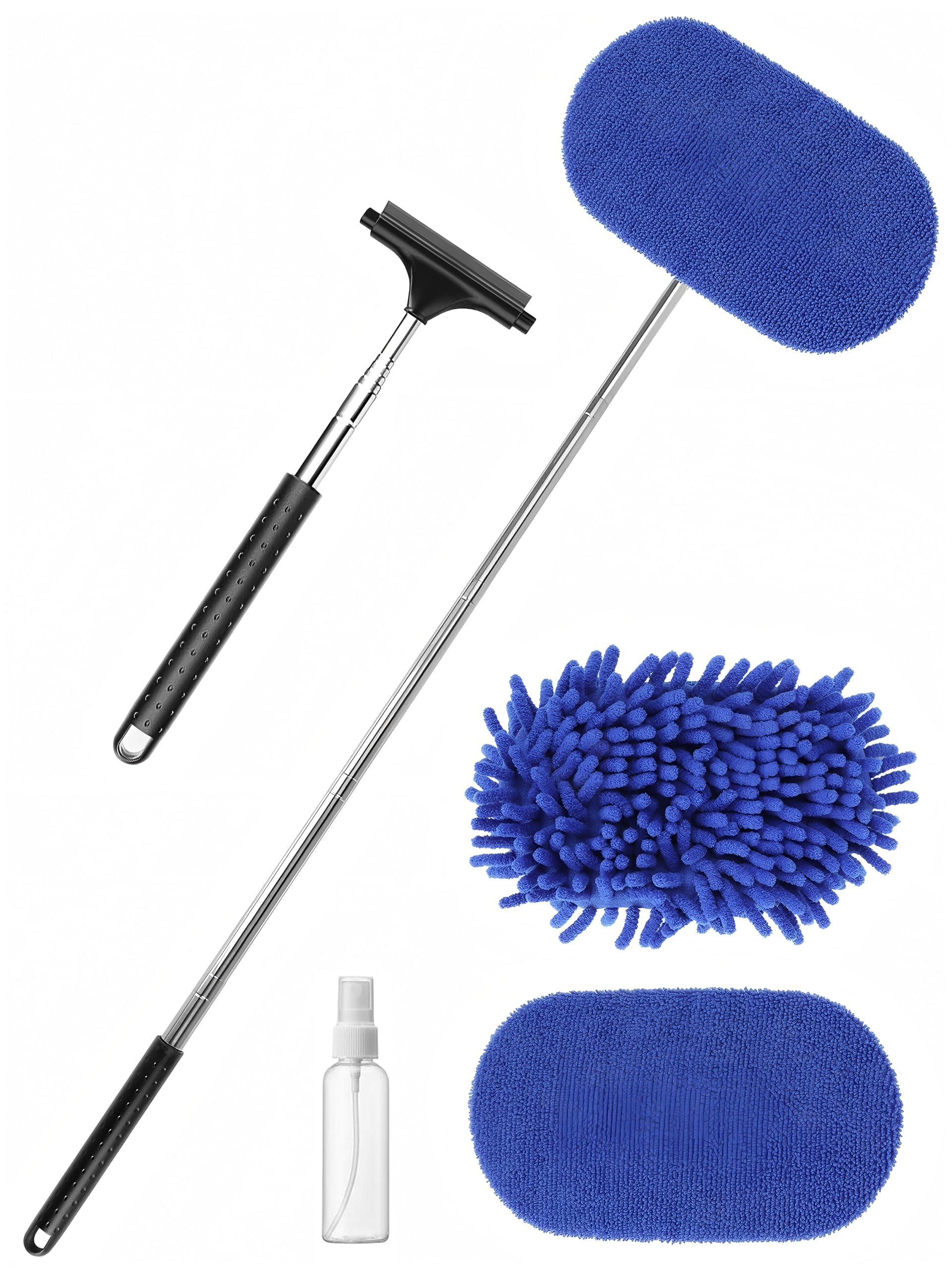 Photo 1 of 3 in 1 Car Windshield Cleaner Tool 40”Car Rearview Mirror Wiper Squeegee Wash Brush Extra Large Washable Microfiber Pad Extendable Handle Auto Window Glass Cleaning Kit Interior Exterior Dusting