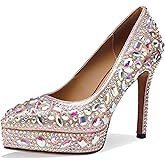 TDD Platform Heels for Women Glitter Crystal Rhinestone Square Toe Closed Toe Chunky Pumps Comfortable Dressy Wedding Elegantes Wide Comfortable Tacones 5 Inch High Heels