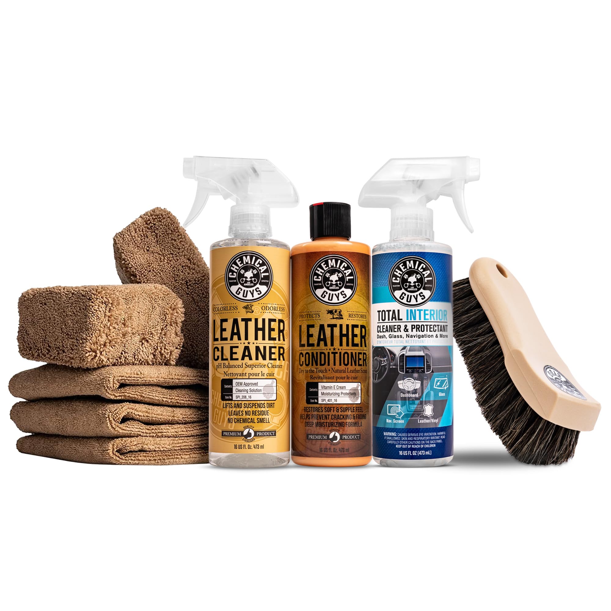 Chemical Guys Complete Leather Cleaner and Conditioner Detailing Kit with Total Interior, for Cars, Home, Office, and More (Works on Natural, Faux Leather and More) 9 Items - HOL412 Image