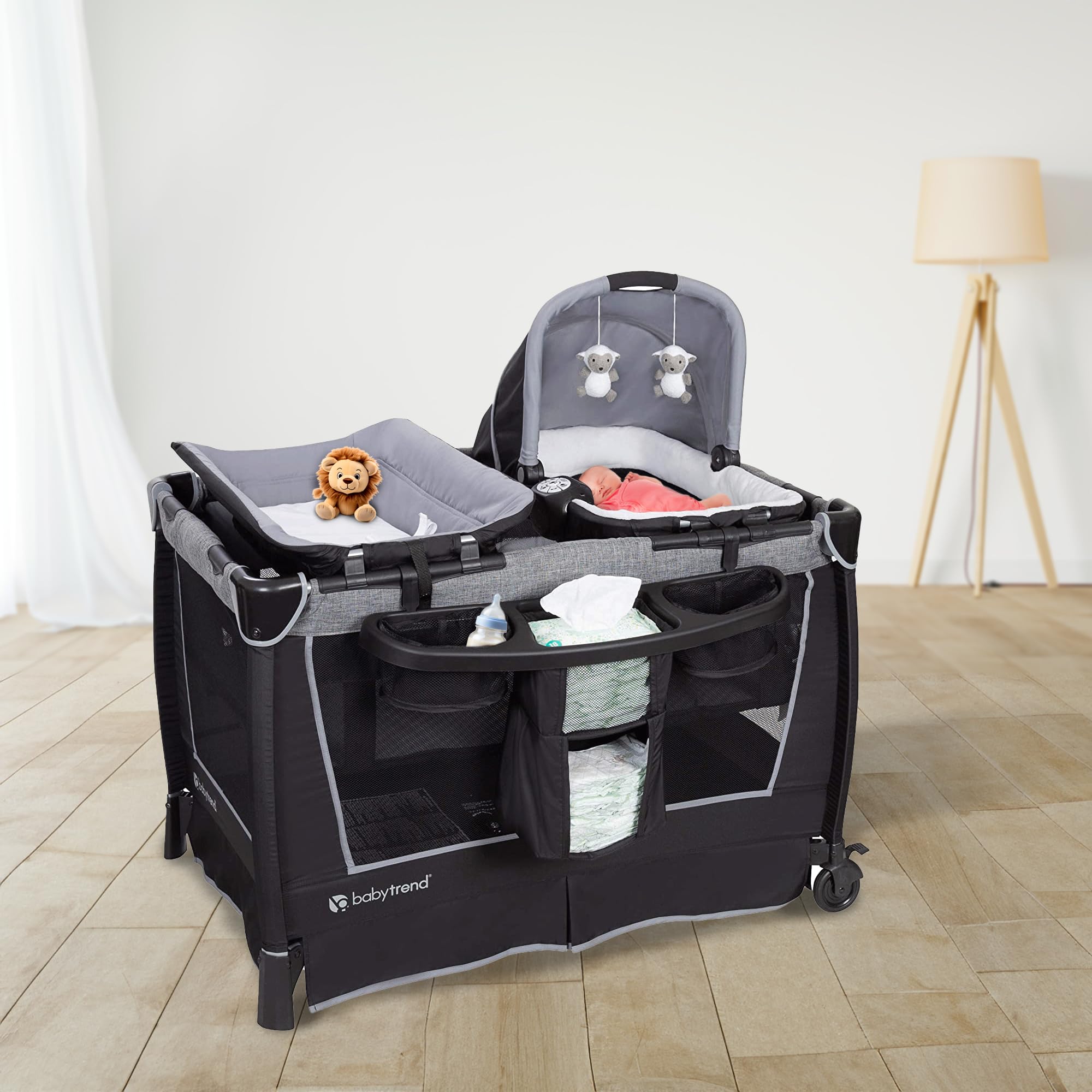 Baby Trend Retreat Nursery Center with Two Removable Rock A Bye Bassinets, Changing Table, Organizer, and Music Center with Nightlight, Quarry