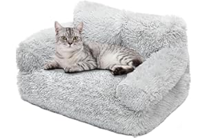 FAMIDGE Fluffy Pet Couch Bed, Washable Cat Bed for Indoor Cats, Calming Cat Couch, Pet Sofa Bed Puppy Sleeping Bed, Dog Couch for Medium Small Dogs & Cats up to 20lbs, Light Gray, Large