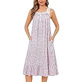YOZLY Cotton Nightgowns for Women Long Sleeveless Night Gown Victorian Nightdress with Pockets S-XXXL