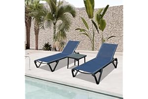 DOMI OUTDOOR LIVING Domi Pool Lounge Chair Set of 3, Aluminum Outdoor Chaise Lounge with Side Table,5 Position Adjustable Backrest and Wheels, Outdoor Lounge Chairs for Pool, Garden, Beach, Backyar, Navy Blue