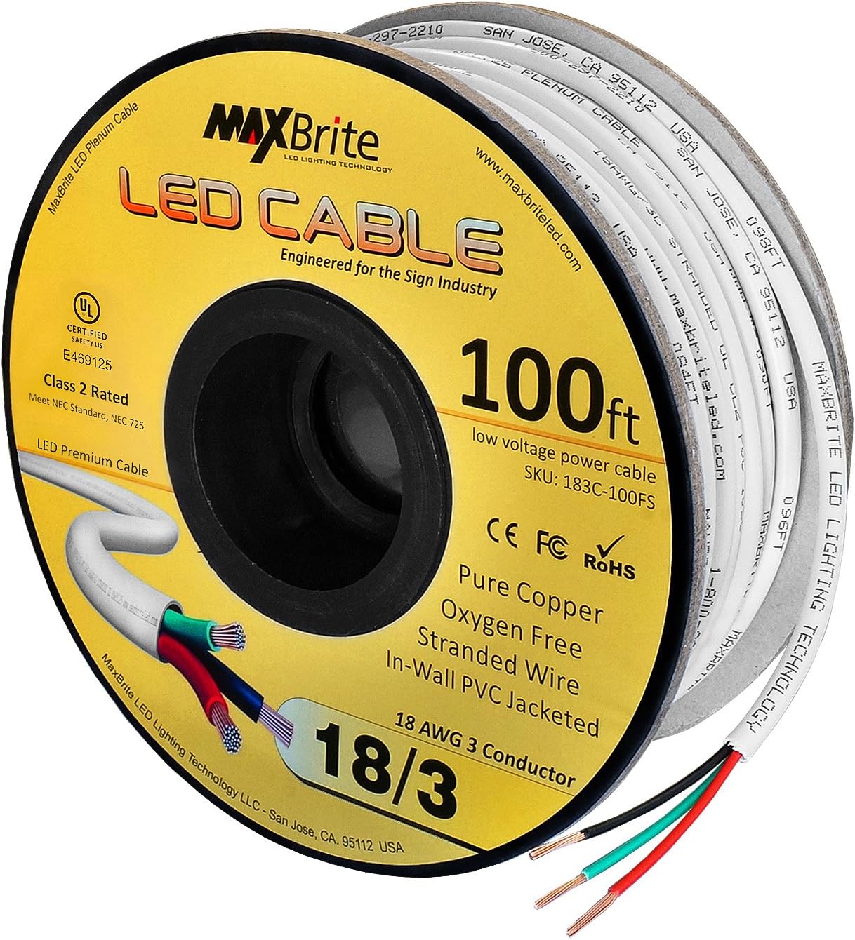 18AWG Low Voltage LED Cable 3 Conductor White Sleeve in-Wall Speaker Wire UL/cUL Class 2 (100 ft Reel): Home Audio & Theater
