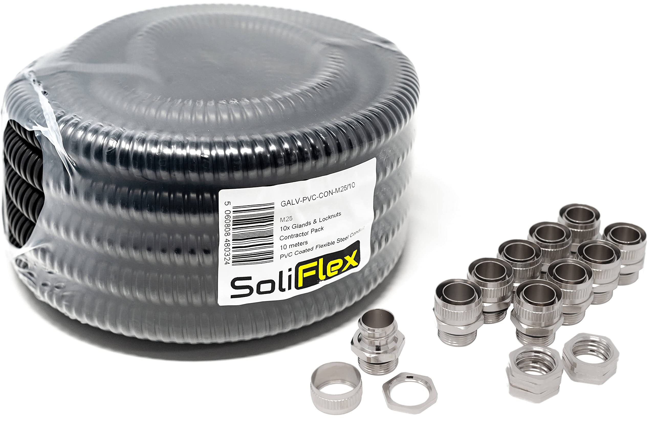 Outdoor Flexible Metal Cable Trunking | Galvanised PVC Coated Conduit Contractor Pack (IP54) 10M Coil - Underground Burial, Garden Ducting w/Fittings - 10 Glands and Locknuts